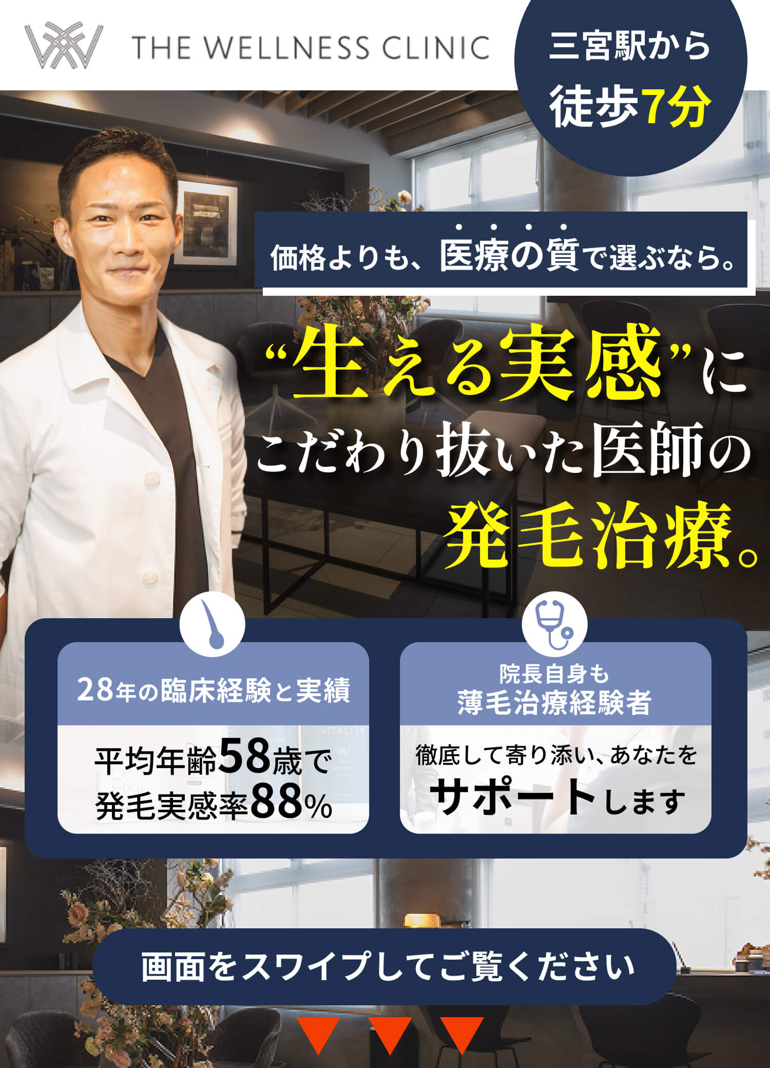 三宮駅から徒歩7分。生える実感にこだわり抜いた医師の初も治療。